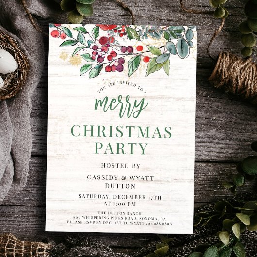 Invitation Fête de Noël aquarelle rustique
