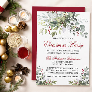 Invitation Fête de Noël Aquarelle Verdure Baies Rouges