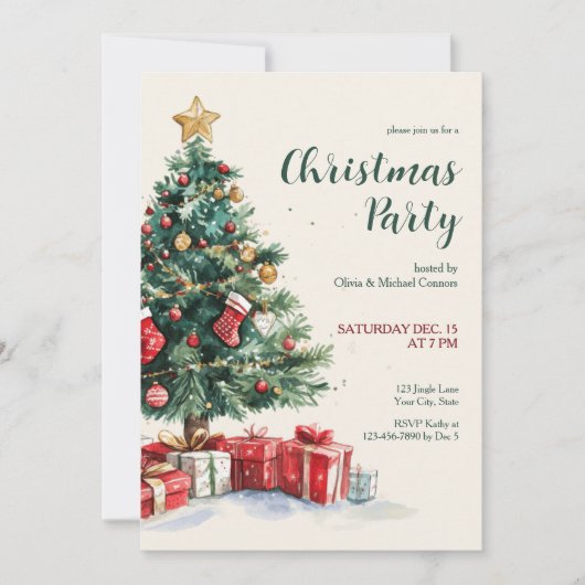 Invitation Fête de Noël arbre à l'aquarelle (Devant)