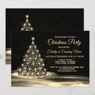 Invitation Fête de Noël Arbre Brillant Doré Hiver Noir