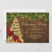 Invitation Fête de Noël | Arbre en or rustique et ruban rouge (Devant)
