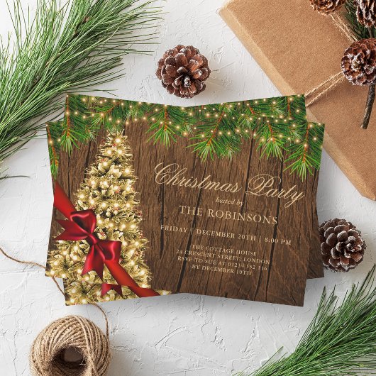 Invitation Fête de Noël | Arbre en or rustique et ruban rouge