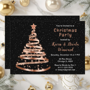 Invitation Fête de Noël arbre ruban noir et or rose