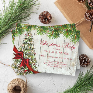 Invitation Fête de Noël Arbre rustique et ruban rouge