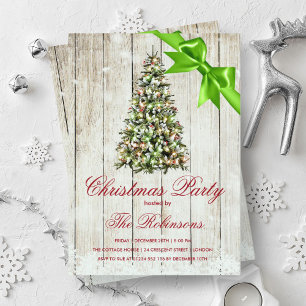 Invitation Fête de Noël   Arbre rustique et ruban vert