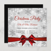 Invitation Fête de Noël Argent Étincelle d'hiver Rouge Ruban (Devant / Derrière)