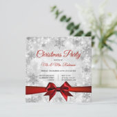 Invitation Fête de Noël Argent Étincelle d'hiver Rouge Ruban (Debout devant)