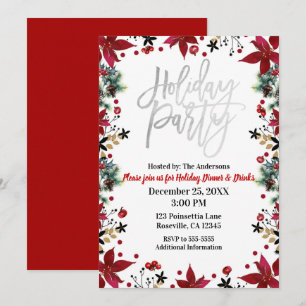 Invitation Fête de Noël argentée Poinsettia Floral Noël