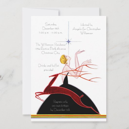 Invitation Fête de Noël Art Déco avec une Flapper et un Cerf (Dos)