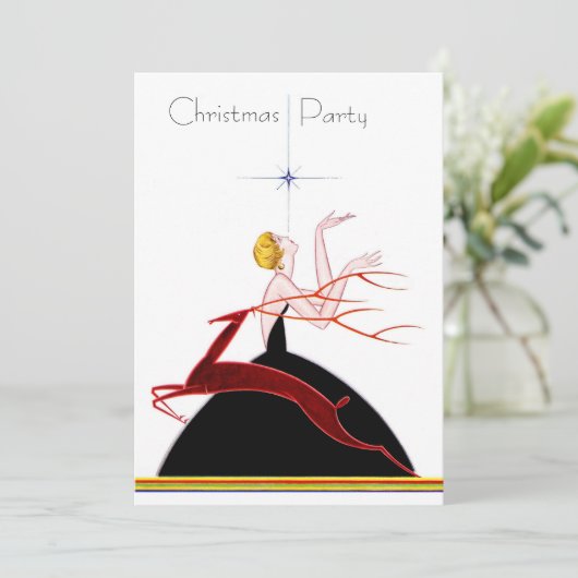 Invitation Fête de Noël Art Déco avec une garçonne et un cerf (Debout devant)