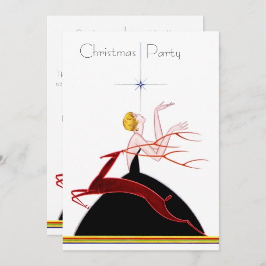 Invitation Fête de Noël Art Déco avec une garçonne et un cerf (Devant / Derrière)
