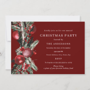 Invitation Fête de Noël au feuillage traditionnel rouge