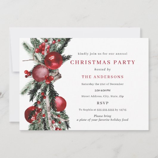 Invitation Fête de Noël au feuillage traditionnel rouge et ve (Devant)