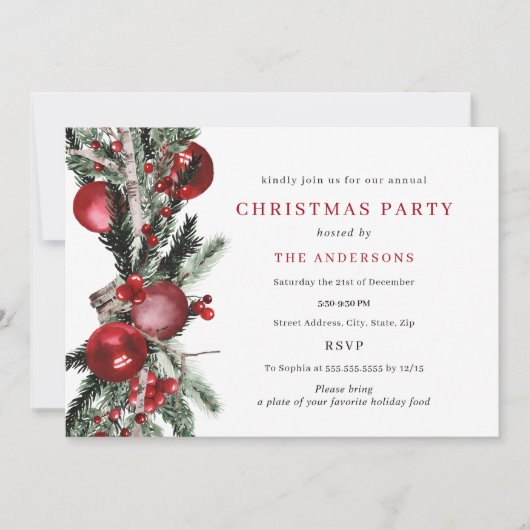 Invitation Fête de Noël au feuillage traditionnel rouge vert (Devant)