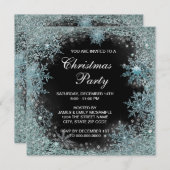 Invitation Fête de Noël au flocon de neige bleu sarcelle noir (Devant / Derrière)