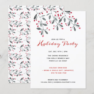 Invitation Fête de Noël au houx à l'aquarelle rouge et vert