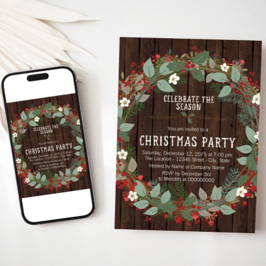 Invitation Fête de Noël au houx rustique