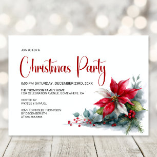 Invitation Fête de Noël au poinsettia aquarelle
