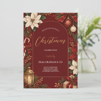 Invitation Fête de Noël au poinsettia vintage