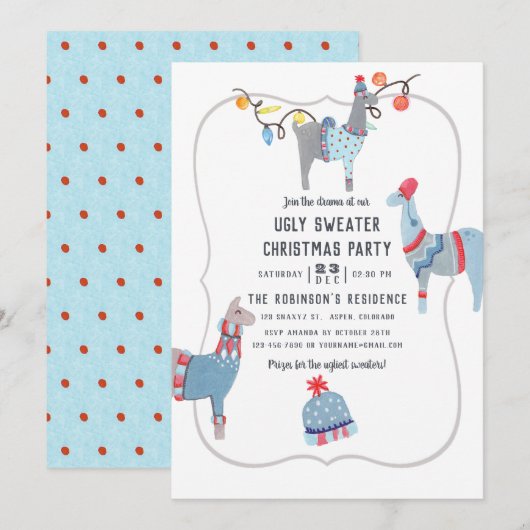 Invitation Fête de Noël au pull moche à thème lama (Devant / Derrière)