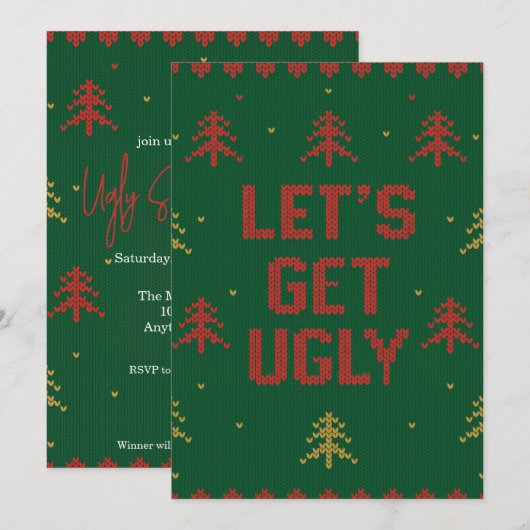 Invitation Fête de Noël au pull moche rouge et vert (Devant / Derrière)
