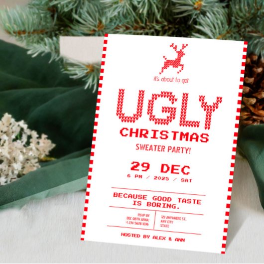 Invitation Fête de Noël au pull moche | Tricot Pixel drôle 