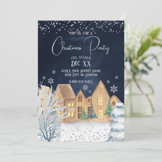 Invitation Fête de Noël au village d'hiver aquarelle cosy (Debout devant)