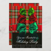 INVITATION FÊTE DE NOËL AUX RUBANS ROUGES VERTS ET TARTAN ÉCO (Devant / Derrière)
