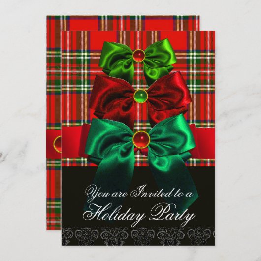 INVITATION FÊTE DE NOËL AUX RUBANS ROUGES VERTS ET TARTAN ÉCO (Devant / Derrière)
