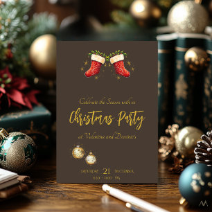 Invitation Fête de Noël avec Bas Rouges sur fond Taupe