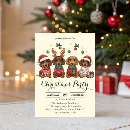 Invitation Fête de Noël avec de mignons chiens Dachshund