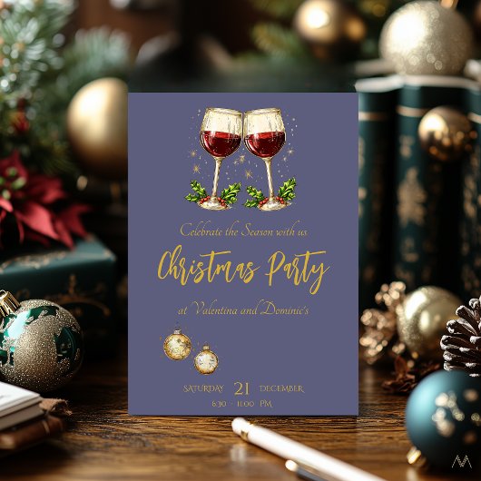 Invitation Fête de Noël avec Lunettes de vin sur violet