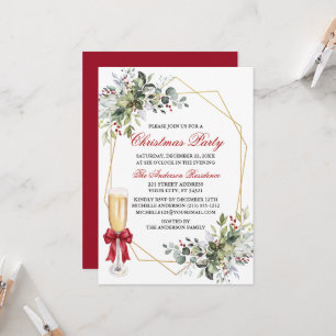 Invitation Fête de Noël avec ruban rouge et verdure à l'aquar