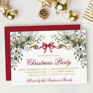 Invitation Fête de Noël avec ruban rouge et verdure à l'aquar