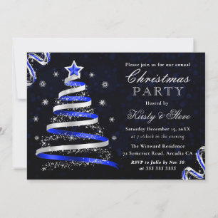 Invitation Fête de Noël avec un arbre à ruban bleu et argent