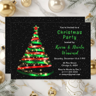 Invitation Fête de Noël avec un arbre en rubans rouges et ver