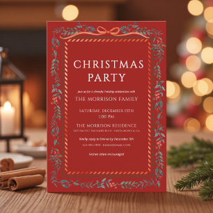 Invitation Fête de Noël avec un nœud rouge Hiver Botanique Va