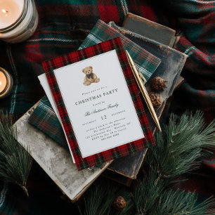 Invitation Fête de Noël avec un ours en peluche à carreaux ro