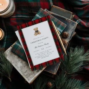 Invitation Fête de Noël avec un ours en peluche à carreaux ro