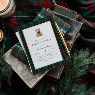 Invitation Fête de Noël avec un ours en peluche à carreaux ve