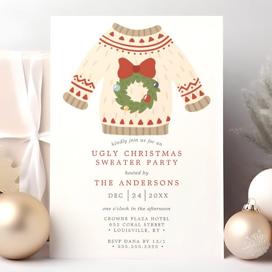 Invitation Fête de Noël avec un pull moche et collant couronn