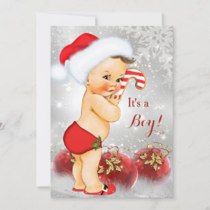 Invitation Fête de Noël Bébé Garçon Brun Blanc Or Rouge