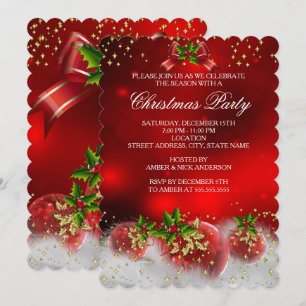 Invitation Fête de Noël Blanche Neige Rouge Or Vert Sapin