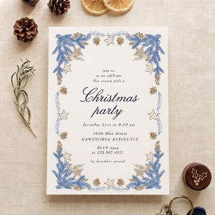 Invitation Fête de Noël Bleu Doré Vintage Esquisse