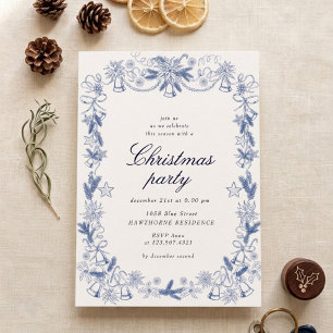Invitation Fête de Noël Bleu Doré Vintage Esquisse