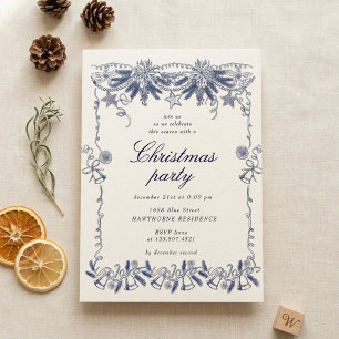 Invitation Fête de Noël Bleu Doré Vintage Esquisse