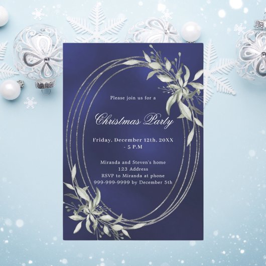 Invitation Fête de Noël bleu marine en argent