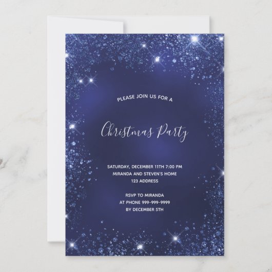 Invitation Fête de Noël bleu parties scintillant scintillante (Devant)