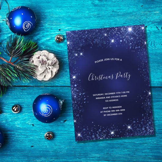 Invitation Fête de Noël bleu parties scintillant scintillante