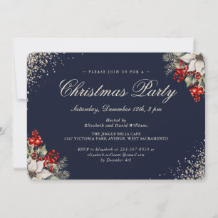 Invitation Fête de Noël Blue Gold Holly Berries
